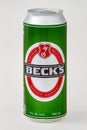 An isolated Beck`s Tallboy Beer Can on a white background