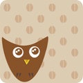 Isolated on beige square geometric cute cartoon bird owl of with decorative ornament coffee beans