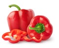 Isolated bell peppers. Two whole red bell pepper with slices isolated on white background with clipping path. Royalty Free Stock Photo