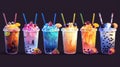 Isolated on black background, a cartoon set of bubble tea cups feature appetizing fruits, berries, chocolate, milkshake Royalty Free Stock Photo