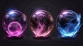 Isolated on black background are magic spheres, crystal balls of different colors with sparkles, glows, plasma and Royalty Free Stock Photo