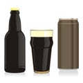 isolated black beer bottle, glass and can