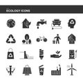 Isolated black collection icons of electric car, solar panel, bin, wind hydroelectric tidal power station, bio fluel, eco house, r