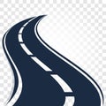 Isolated black color road or highway with dividing markings on white background vector illustration.