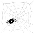 Isolated black cute funny cartoon spider on gray web on white background. Halloween illustration. Royalty Free Stock Photo