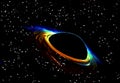 An isolated black hole on starry sky background. Colourful bright light halo aureole.
