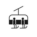 Isolated black icon of skiers on chair lift on white background. Silhouette of chair lift. Logo flat design. Winter mountain sport