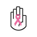 Isolated black line hand symbol holding Breast Cancer Awareness pink ribbon icon on white Royalty Free Stock Photo