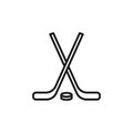 Isolated black line icon of hockey stick and puck on white background. Outline ice hockey icon. Logo flat design. Winter sport Royalty Free Stock Photo