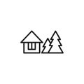Isolated black line icon of rural house with christmas trees on white background. Outline cottage icon. Logo flat design Royalty Free Stock Photo