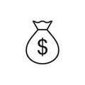 Isolated black line icon of sack, money bag on white background. Outline symbol of banking, rich. Logo flat design