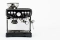 Isolated black manual coffee maker with grinder on a white background