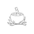 Isolated black outline cartoon cauldron of witch on white background. Curve lines. Page of coloring book. Halloween illustration.