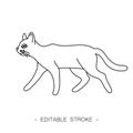 Isolated black outline cartoon running cat on white background. Curve lines. Page of coloring book. Editable stroke