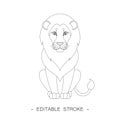 Isolated black outline cartoon sitting lion on white background. Curve lines. Page of coloring book. Editable stroke