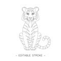 Isolated black outline cartoon sitting tiger on white background. Curve lines. Page of coloring book. Editable stroke Royalty Free Stock Photo