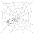 Isolated black outline cartoon spider on web on white background. Curve lines. Page of coloring book. Halloween illustration. Royalty Free Stock Photo