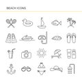 Isolated black outline collection icon of cocktail, badminton, flippers, hat, jet ski, sunglasses, shell, sailboat, anchor, ring r Royalty Free Stock Photo