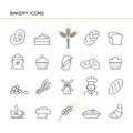 Isolated black outline collection icons of croissant, bread, cake, ear wheat, chef, mill, cup, cupcake, pretzel, sack flour, chall