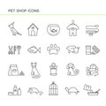 Isolated black outline collection icons of dog, cat, parrot, fish, aquarium, animal food, collar, turtle, kennel, grooming accesso