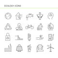 Isolated black outline collection icons of electric car, solar panel, bin, wind hydroelectric tidal power station, bio fluel, eco