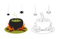 Isolated black outline and colorful cartoon cauldron of witch on white background. Line art antistress. Page of coloring book.