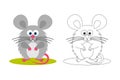 Isolated black outline and colorful cartoon sitting mouse on white background. Line art. Page of coloring book Royalty Free Stock Photo