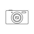 Isolated black outline compact digital camera on white background. Line icon.