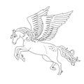 Isolated black outline galloping, jumping pegasus on white background. Side view of horse with wings. Curve lines. Page of colorin