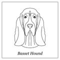 Isolated black outline head of basset hound on white background. Line cartoon breed dog portrait.