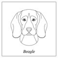 Isolated black outline head of beagle on white background. Line cartoon breed dog portrait.