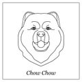 Isolated black outline head of chow chow on white background. Line cartoon breed dog portrait.