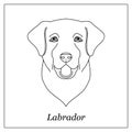 Isolated black outline head of happy labrador retriever on white background. Line cartoon breed dog portrait.