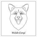 Isolated black outline head of happy welsh corgi pembroke or cardigan on white background. Line cartoon breed dog portrait. Royalty Free Stock Photo