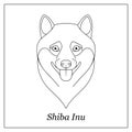 Isolated black outline head, portrait of shiba inu on white background. Happy dog. Curve lines. Page of coloring book Royalty Free Stock Photo