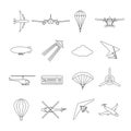 Isolated black outline hydroplane, airplane, parachute, helicopter, propeller, hang-glider, dirigible, paraglide, balloon. Set of