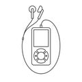 Isolated black outline mp3 music player with earphones on white background. Line icon.