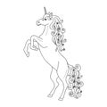Isolated black outline rearing unicorn on white background. Side view. Curve lines. Page of coloring book.
