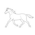 Isolated black outline running, trotting horse on white background. Side view. Curve lines. Page of coloring book.
