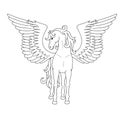 Isolated black outline standing pegasus on white background. Front view. Curve lines. Page of coloring book. Royalty Free Stock Photo