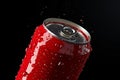 Isolated on black, a red soda can falls, accentuated by water droplets