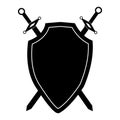 Isolated black shield and two swords on white background. Vector illustration of shield and swords. Emblem, symbol, shield icon Royalty Free Stock Photo