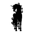 Isolated black silhouette of standing unicorn on white background. Front view.