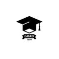 Isolated black and white color bachelor hat with word grad logo, students graduation uniform logotype, education element Royalty Free Stock Photo
