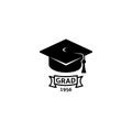 Isolated black and white color bachelor hat with word grad logo, students graduation uniform logotype, education element