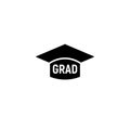 Isolated black and white color bachelor hat with word grad logo, students graduation uniform logotype, education element Royalty Free Stock Photo