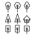 Isolated black and white color trees in lineart style set, forest, park and garden tree flat signs collection.