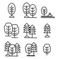 Isolated black and white color trees in lineart style set, forest, park and garden tree flat signs collection.