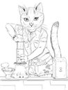 Barista cat preparing coffee with aeropress artistic drawing