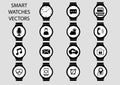 Isolated black and white icon illustrations of smart watch faces